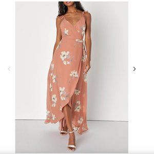 New with Tags Lulu's M Peach Floral Print High-Low Wrap Dress